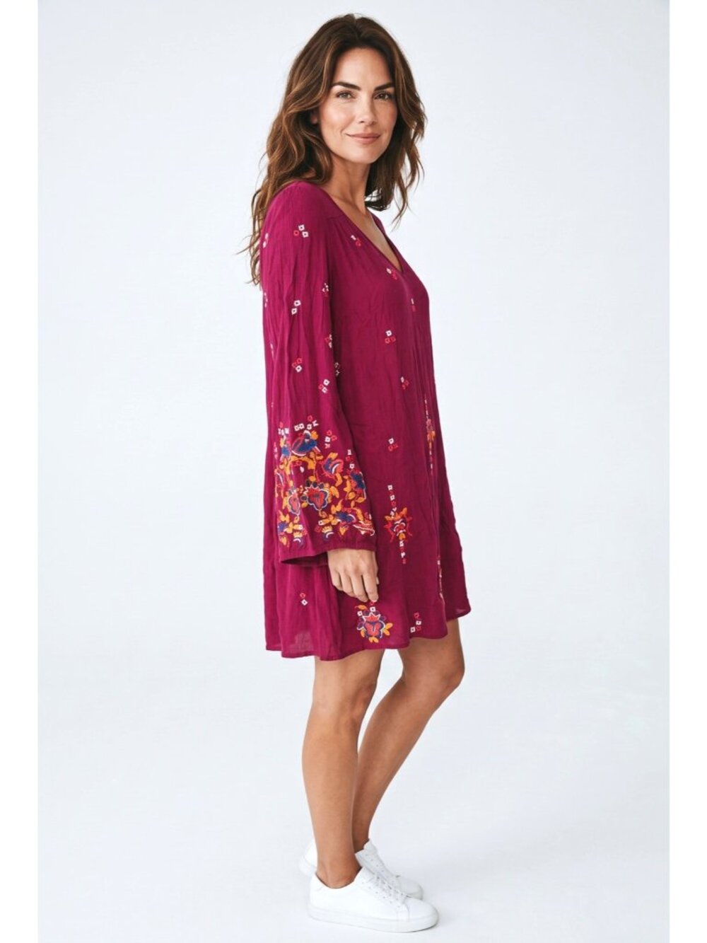 Free People Burgundy Key hole back Embroidered Tunic Mini sz XS/TP baloon sleeve